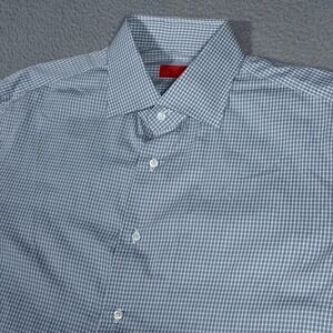 Isaia Napoli Shirt Mens 17.5 44 Blue White Check Button Up Dress Cotton Italy